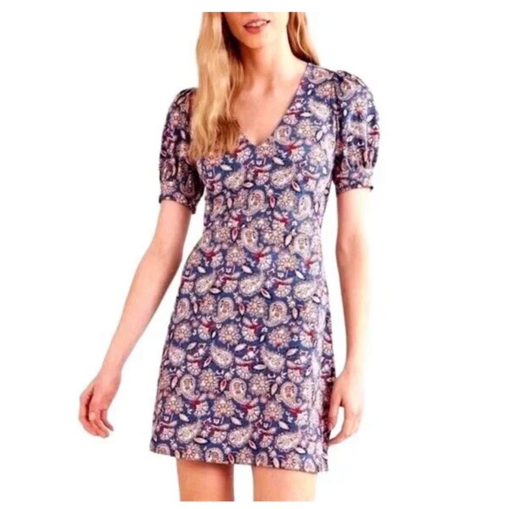 Boden V Neck Puff Sleeve Paisley Jersey Mini Dress Size 12L